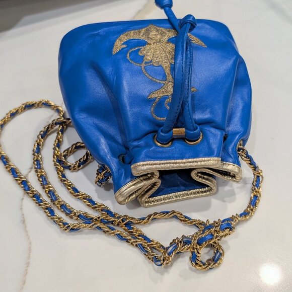 Vtg L.J. Simone New York Blue Leather Mini Drawstring Bucket Bag Crossbody Bag - Picture 6 of 16